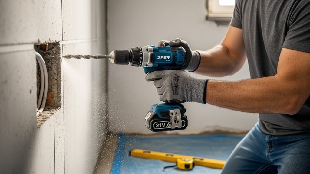 Homem utilizando uma furadeira de impacto sem fio ZPER 21V para perfurar parede de concreto residencial, cena realista de obra doméstica, poeira leve saindo da perfuração, iluminação natural, ambiente organizado, foco na furadeira, fotografia realista, sem texto, alta definição