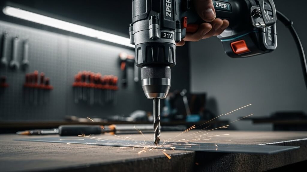 Furadeira de impacto sem fio ZPER 21V perfurando chapa de metal fina, faíscas sutis, ambiente de oficina organizada, foco no mandril e broca, iluminação industrial, fotografia realista, alta resolução, sem textos