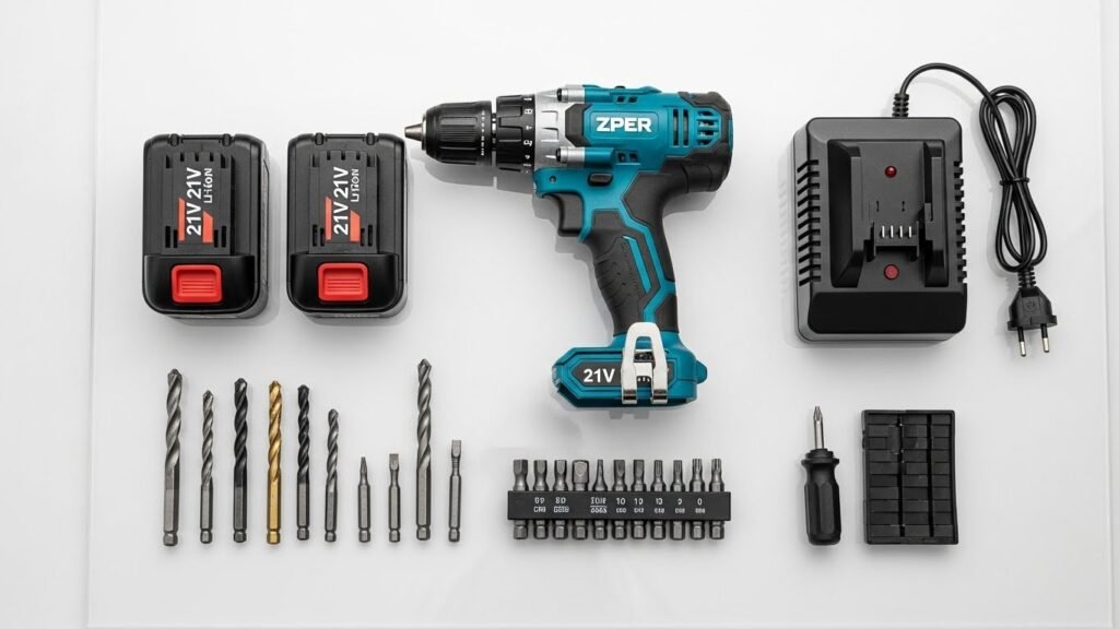 Kit completo da furadeira de impacto ZPER 21V, incluindo ferramenta, duas baterias Li-ion e carregador, todos organizados sobre superfície clara, fotografia de produto profissional, ângulo superior, iluminação uniforme, sem textos, alta qualidade