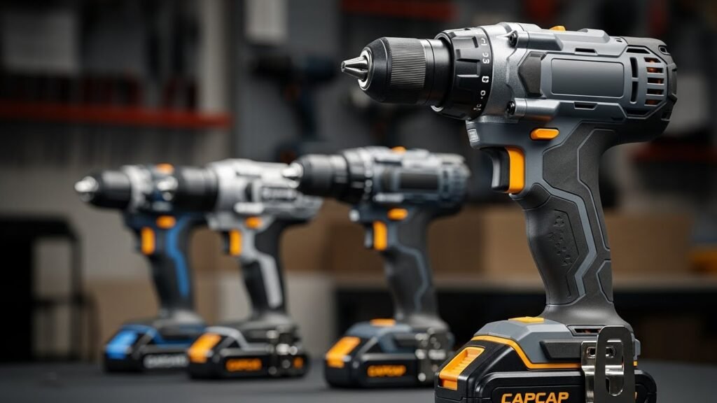 Furadeira de impacto sem fio moderna posicionada à frente de outras furadeiras genéricas desfocadas ao fundo, conceito de melhor custo-benefício, iluminação profissional, profundidade de campo, fotografia realista, sem textos, sem logotipos