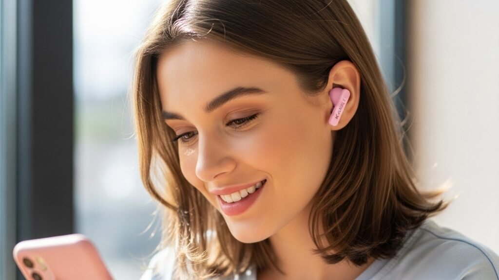 Jovem mulher usando fone de ouvido Bluetooth