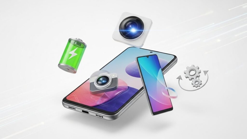 Smartphone com ícones de tecnologia.