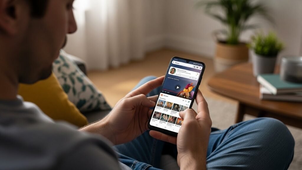 Pessoa usando celular em casa.