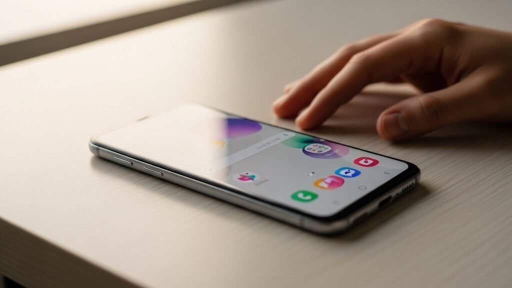 Smartphone sobre mesa com mão