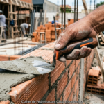 imagem realista e atraente em estilo fotográfico profissional para blog de construção civil. Mostre uma mão masculina forte e levemente suja de argamassa segurando com firmeza uma colher de pedreiro moderna de 8 polegadas com cabo