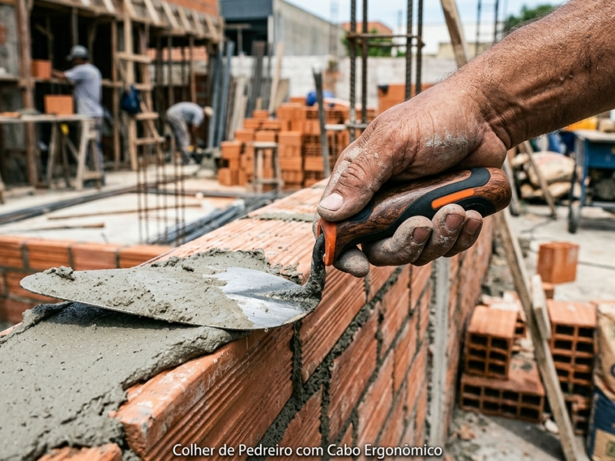 imagem realista e atraente em estilo fotográfico profissional para blog de construção civil. Mostre uma mão masculina forte e levemente suja de argamassa segurando com firmeza uma colher de pedreiro moderna de 8 polegadas com cabo
