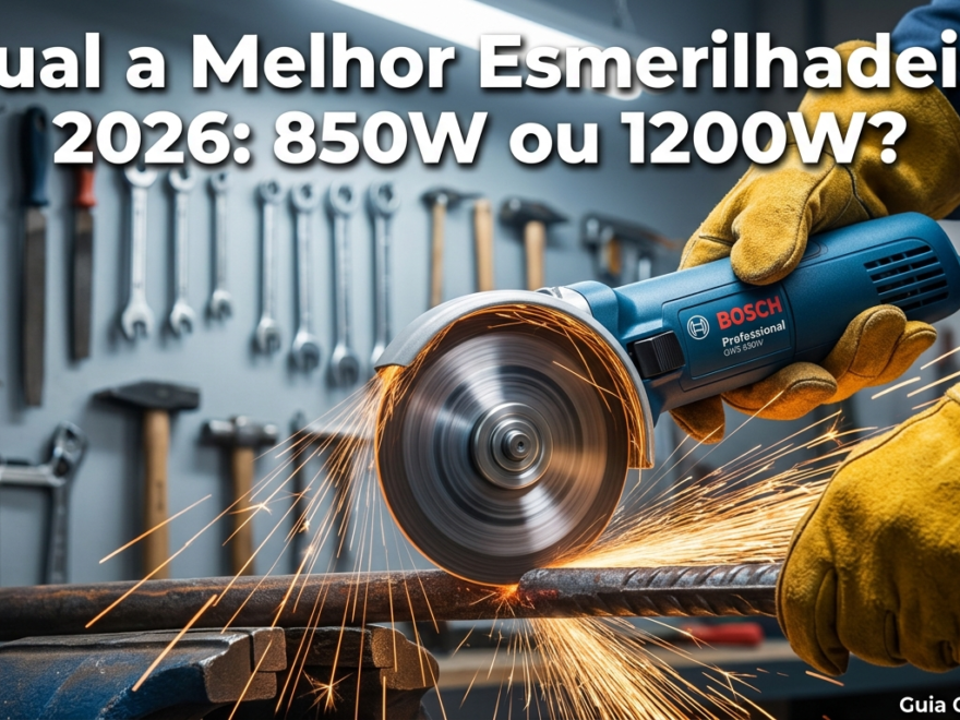 Qual a Melhor Esmerilhadeira 2026: 850W ou 1200W? 1 Crie uma imagem realista e impactante para a capa de um artigo de blog sobre ferramentas elétricas em 2026. Mostre um close-up dinâmico de uma esmerilhadeira angular profissional em ação: uma esmerilhadeira Bosch azul de 850W ou similar, com disco girando rápido, soltando faíscas douradas brilhantes enquanto corta uma barra de ferro grosso. Mãos de um trabalhador usando luvas de proteção amarelas grossas segurando firmemente a ferramenta. Fundo levemente desfocado de uma oficina brasileira moderna, com ferramentas manuais penduradas na parede ao fundo, incluindo chaves, limas e martelos. Iluminação dramática com contraste alto: luz forte vindo de cima destacando as faíscas e o metal quente. Tons de azul, laranja das faíscas, cinza metálico e amarelo das luvas. Estilo fotorealista, alta resolução, qualidade profissional de revista, ângulo levemente inclinado de baixo para cima para transmitir potência e profissionalismo. Texto sutil na parte superior em fonte bold moderna branca com sombra: "Qual a Melhor Esmerilhadeira 2026: 850W ou 1200W?". No canto inferior direito, pequeno texto: "Guia Completo 2026". Composição vertical (9:16 ou 16:9), perfeita para blog e redes sociais, visual atraente para SEO e CTR alto.